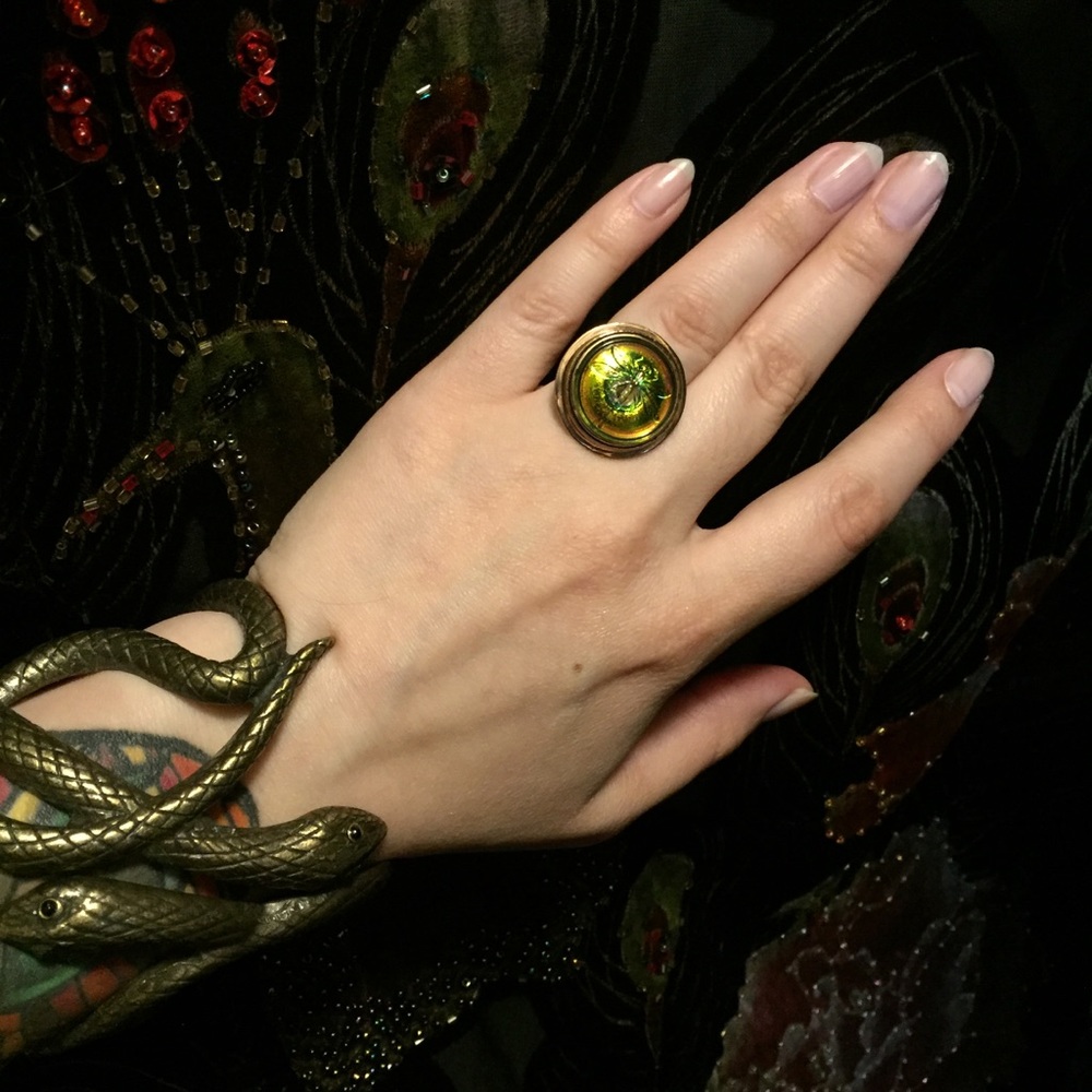 Iridescent Dragonfly Czech Button Bronze Ring AKR designer vintage
